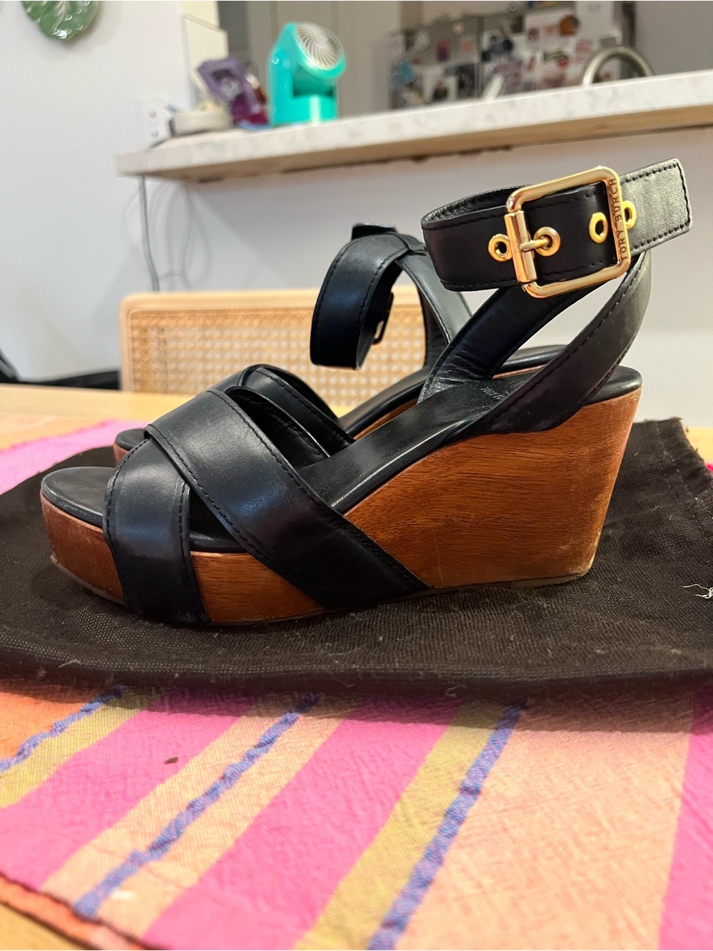 Tory Burch Leather and Wood Platform Wedge Sandals